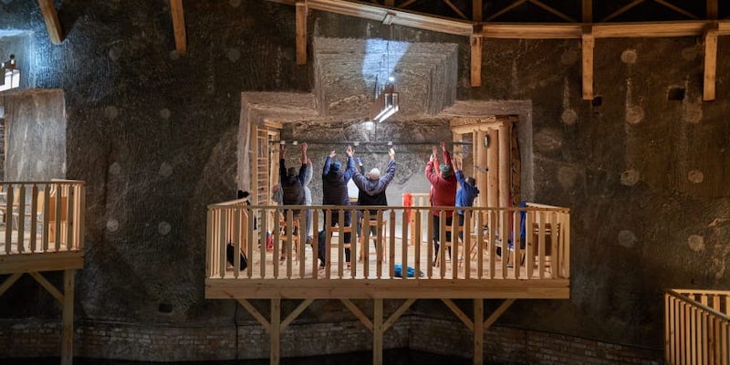 Picture taken on May 18, 2021 shows people doing salt therapy exercises at the former Wieliczka Salt Mine Health Resort complex located 135m underground in Wieliczka, Poland. u00e2u20acu201d AFP pic