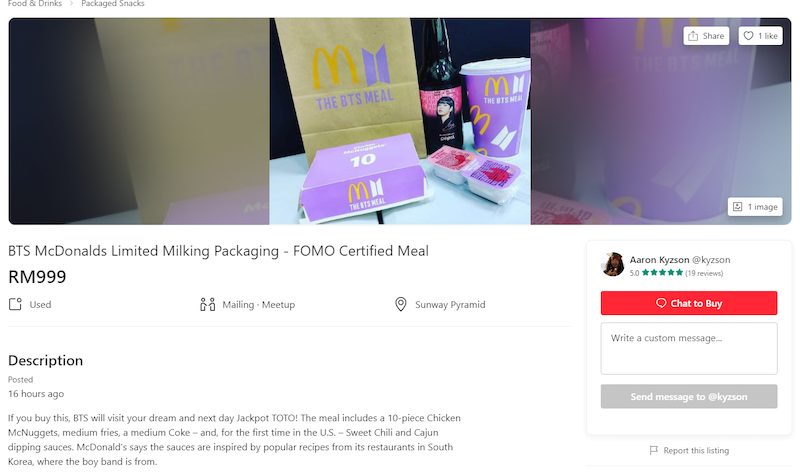 Malaysians also took the chance for some laughs with the BTS Meal phenomenon. — Screenshot from Carousell 