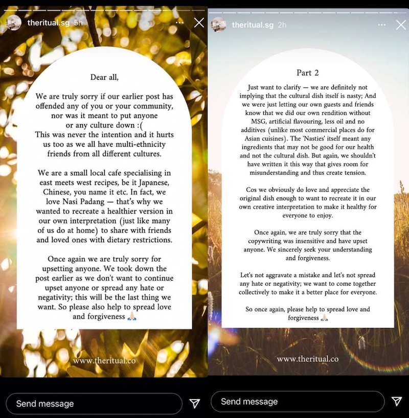 The Ritual’s initial response to the controversy. — Screengrabs via Instagram/theritual.sg