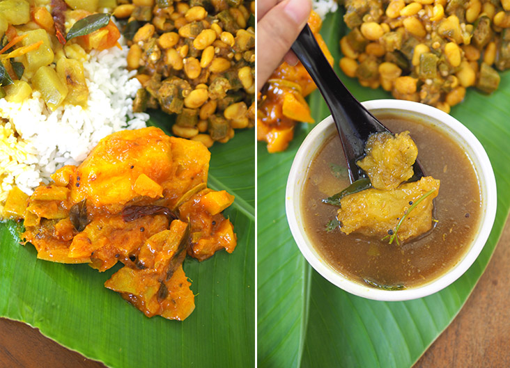 Mango 'pachadi' has a spicy, sweet taste that complement the meal well (left). The 'rasam' is lovely with the spices to warm the body and acts as a great palate cleanser (right).