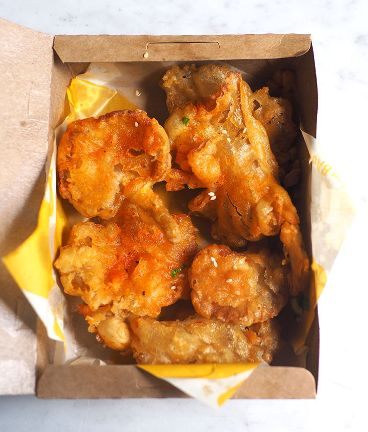 The fried oyster mushrooms stayed crispy even after delivery