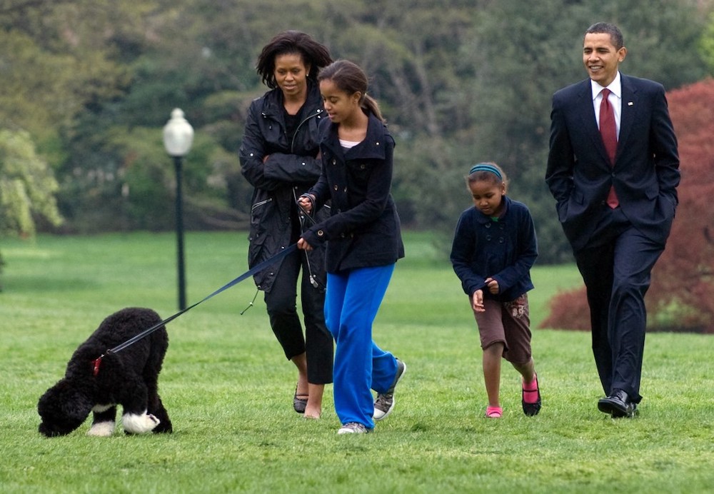 In this file photo taken on April 14, 2009, Malia Obama walks her new six-month old Portuguese water dog Bo alongside US President Barack Obama, Sasha Obama and First Lady Michelle Obama on the South Lawn of the White House in Washington, DC. ― AFP pic