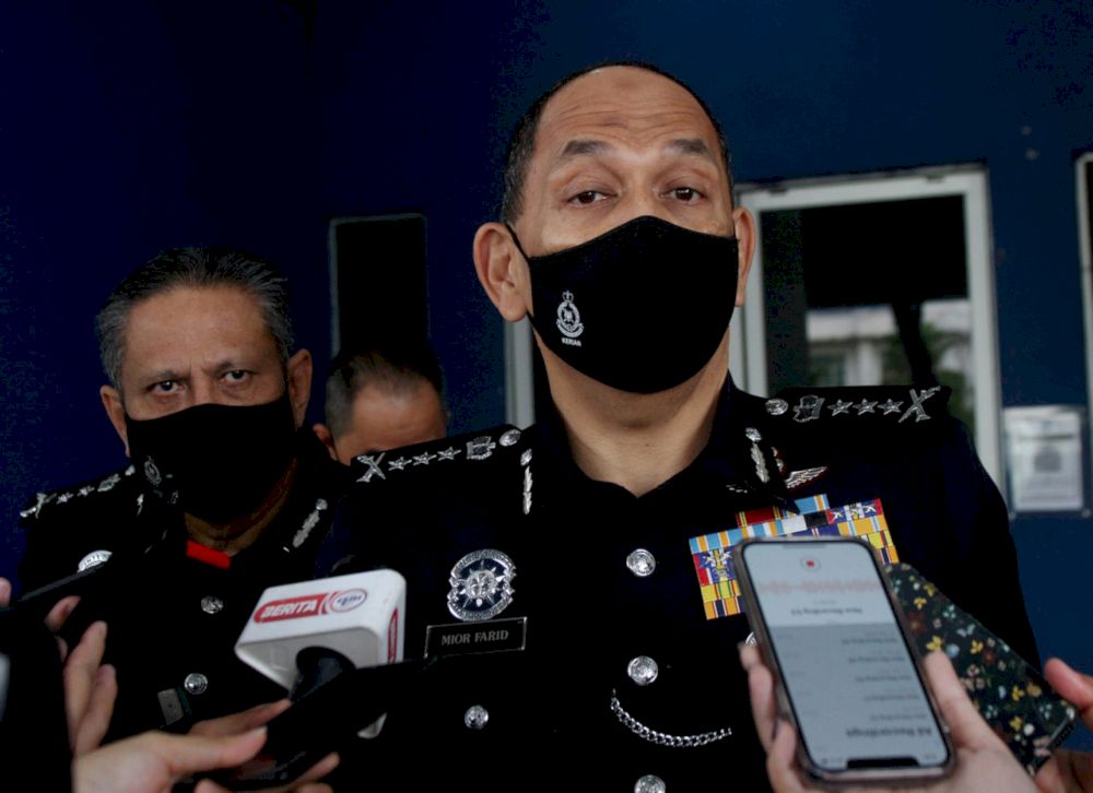 Perak Police Chief Datuk Mior Faridalathrash Wahid (right) when met by the media at the Perak Police Chief's Monthly Assembly, at the Police Air Operations Force (PLPGU) Training Base, May 7,2021. u00e2u20acu201d Bernama pic