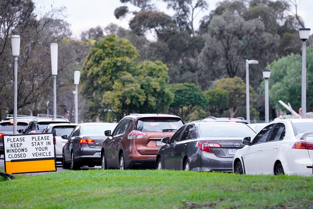 Cars wait in line at a Covid-19 testing centre on the first day of a seven-day lockdown in Melbourne, Australia May 28, 2021. u00e2u20acu2022 Reuters pic
