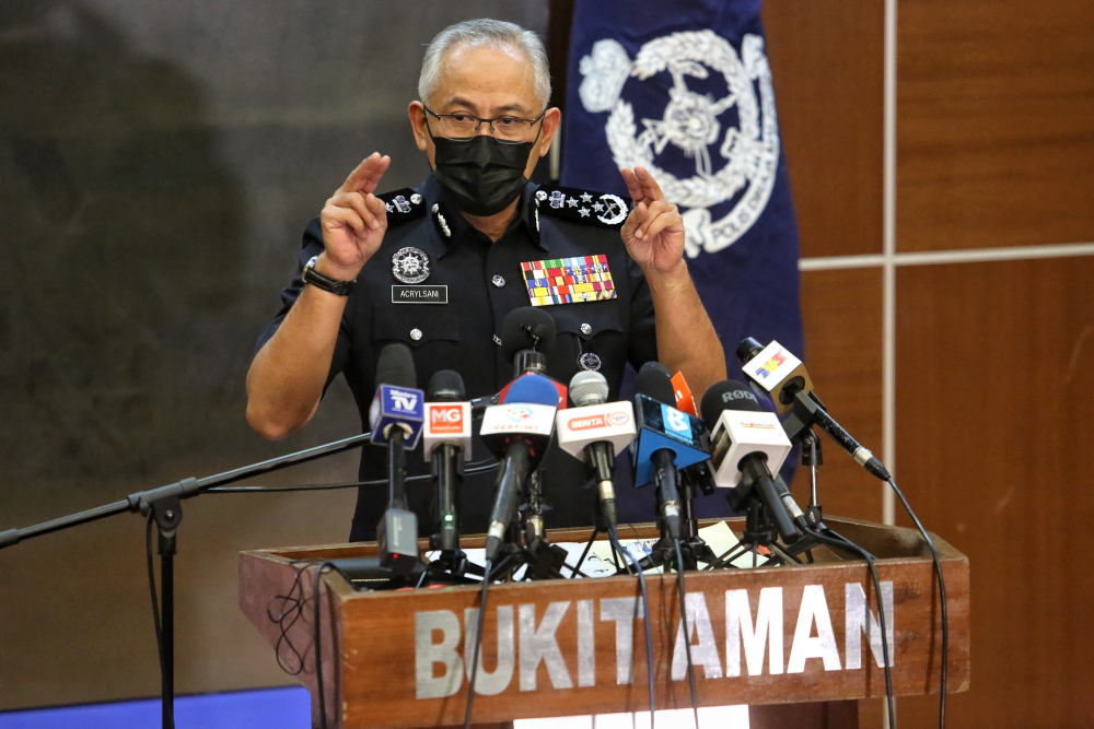 Inspector-General of Police Datuk Seri Acryl Sani Abdullah speaking at a press conference in Bukit Aman, May 31, 2021. u00e2u20acu201d Picture by Choo Choy May 