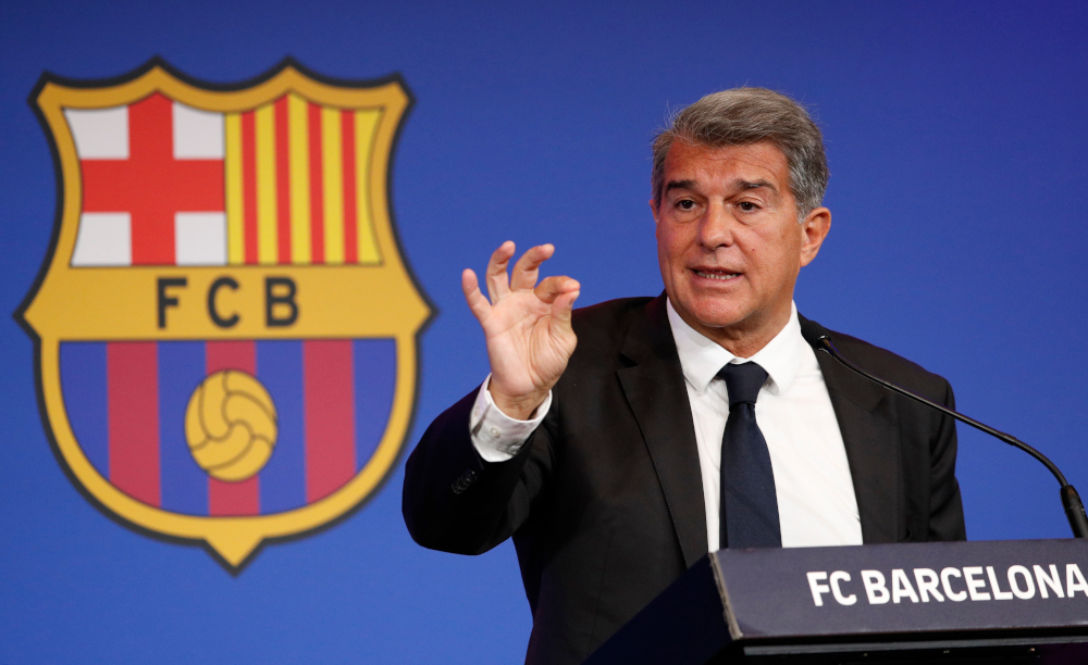 FC Barcelona president Joan Laporta during a press conference at Auditorium 1899 near the Camp Nou, Barcelona, Spain, May 28, 2021. u00e2u20acu201d Reuters picnn