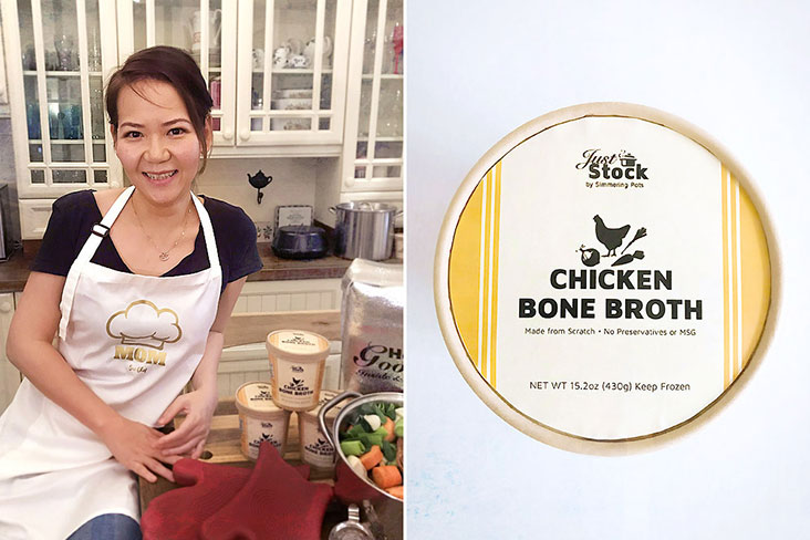 Just Stock founder Sue-Lyn Koay packages her chicken bone broth in simply designed tubs.