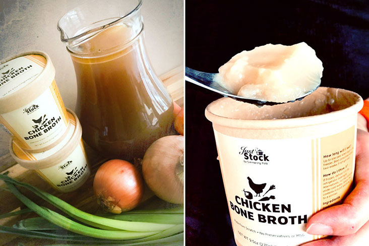 Just Stock’s Chicken Bone Broth in liquid form (left) and a more Jell-O consistency when cool (right).