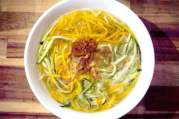 For a low-carb meal, try “zoodles” (zucchini noodles) in chicken bone broth.