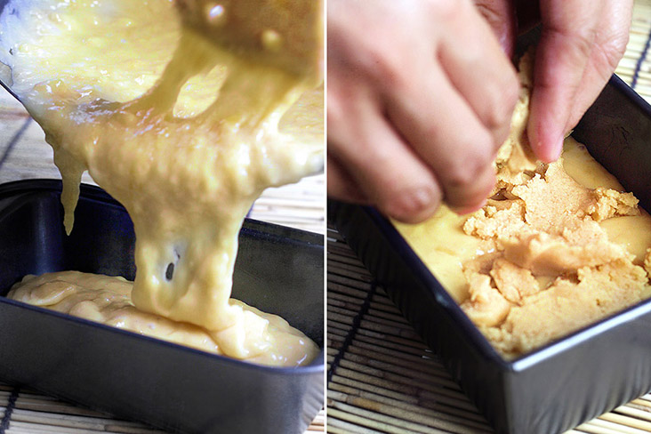 Pour the batter into the prepared loaf tin and top with the crumble.