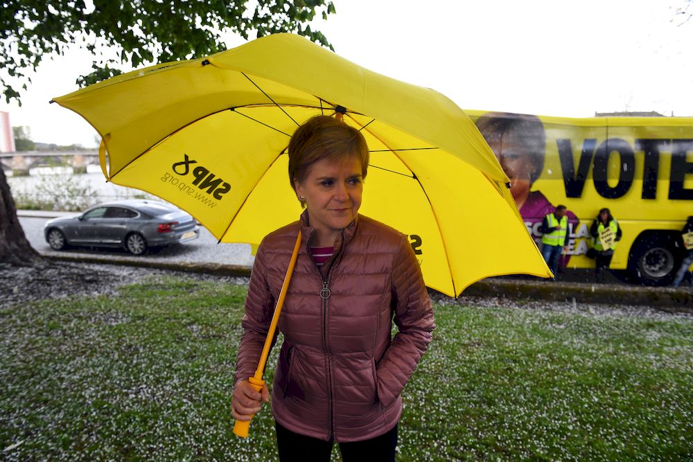 Scotlandu00e2u20acu2122s First Minister and leader of the Scottish National Party (SNP), Nicola Sturgeon campaigns in Dumbarton, Scotland, Britain May 5, 2021, ahead of the upcoming Scottish Parliament election. u00e2u20acu201d Pool picture via Reuters