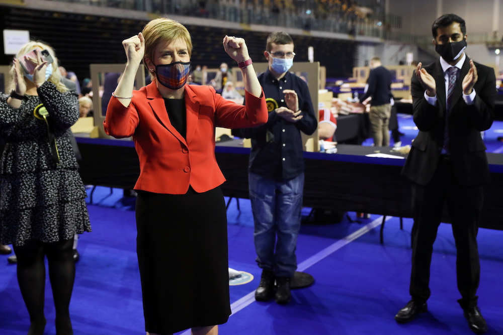 Scottish First Minister Nicola Sturgeon reacts as she visits a counting centre as votes are counted for the Scottish Parliamentary election, in Glasgow, Scotland, Britain, May 7, 2021. u00e2u20acu2022 Reuters picnn