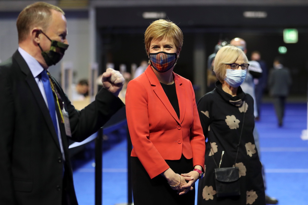 Scottish First Minister Nicola Sturgeon reacts as she visits a counting centre as votes are counted for the Scottish Parliamentary election, in Glasgow, Scotland, Britain, May 7, 2021. u00e2u20acu2022 Reuters pic
