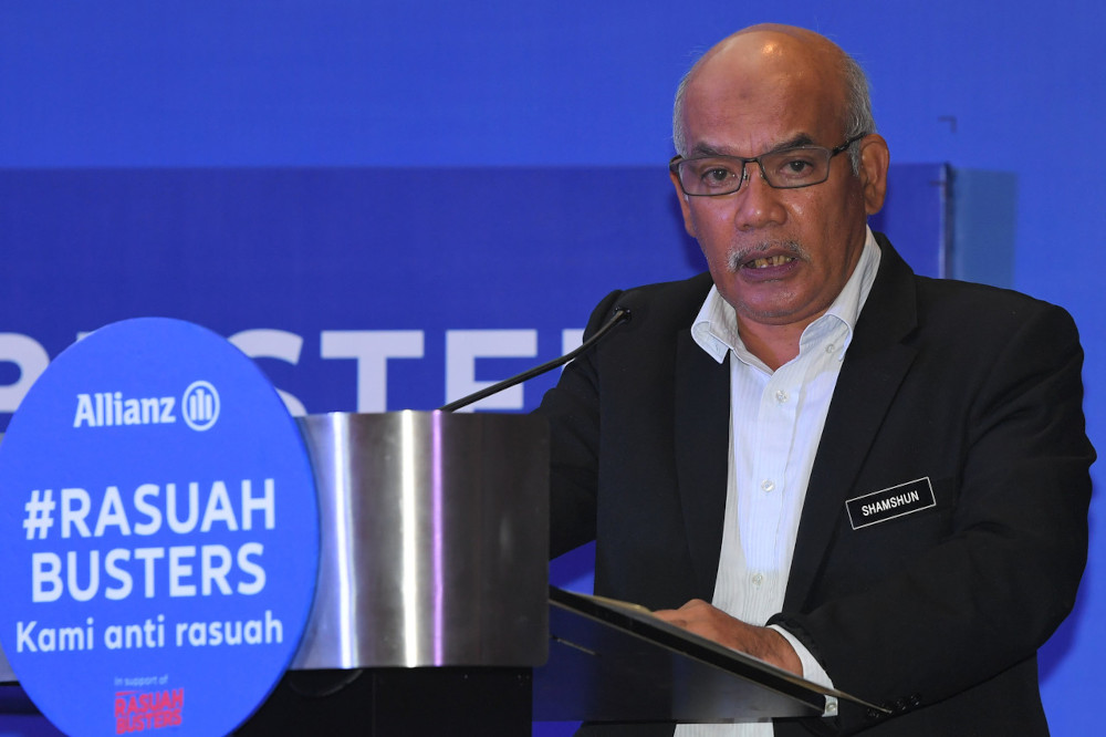 MACC deputy chief commissioner (prevention) Datuk Shamshun Baharin Mohd Jamil speaking at the launch of #RasuahBusters at a hotel in Kuala Lumpur, April 19, 2021. u00e2u20acu201d Bernama pic 