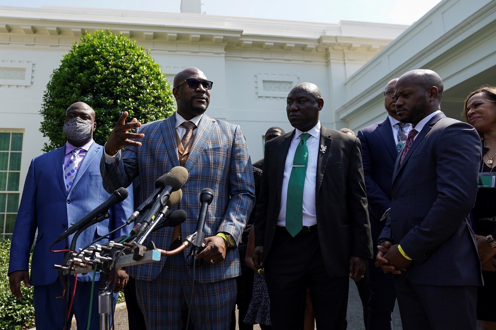 Surrounded by family members of George Floyd and their legal team, Philonise Floyd speaks to reporters at the White House following their meeting with US President Joe Biden in Washington, May 25, 2021. u00e2u20acu2022 Reuters pic