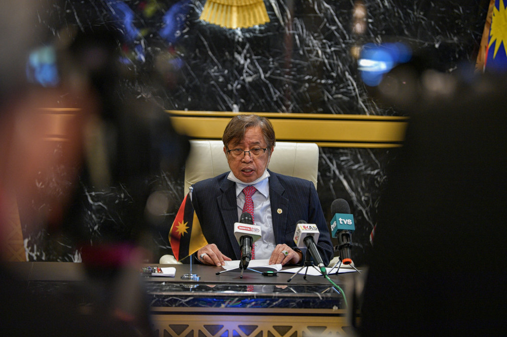 Sarawak Chief Minister Datuk Patinggi Abang Johari Openg speaks during a press conference on the enforcement of the Covid-19 standard operating procedure (SOP) at Wisma Bapa Malaysia in Petra Jaya, April 19, 2021. u00e2u20acu201d Bernama pic 