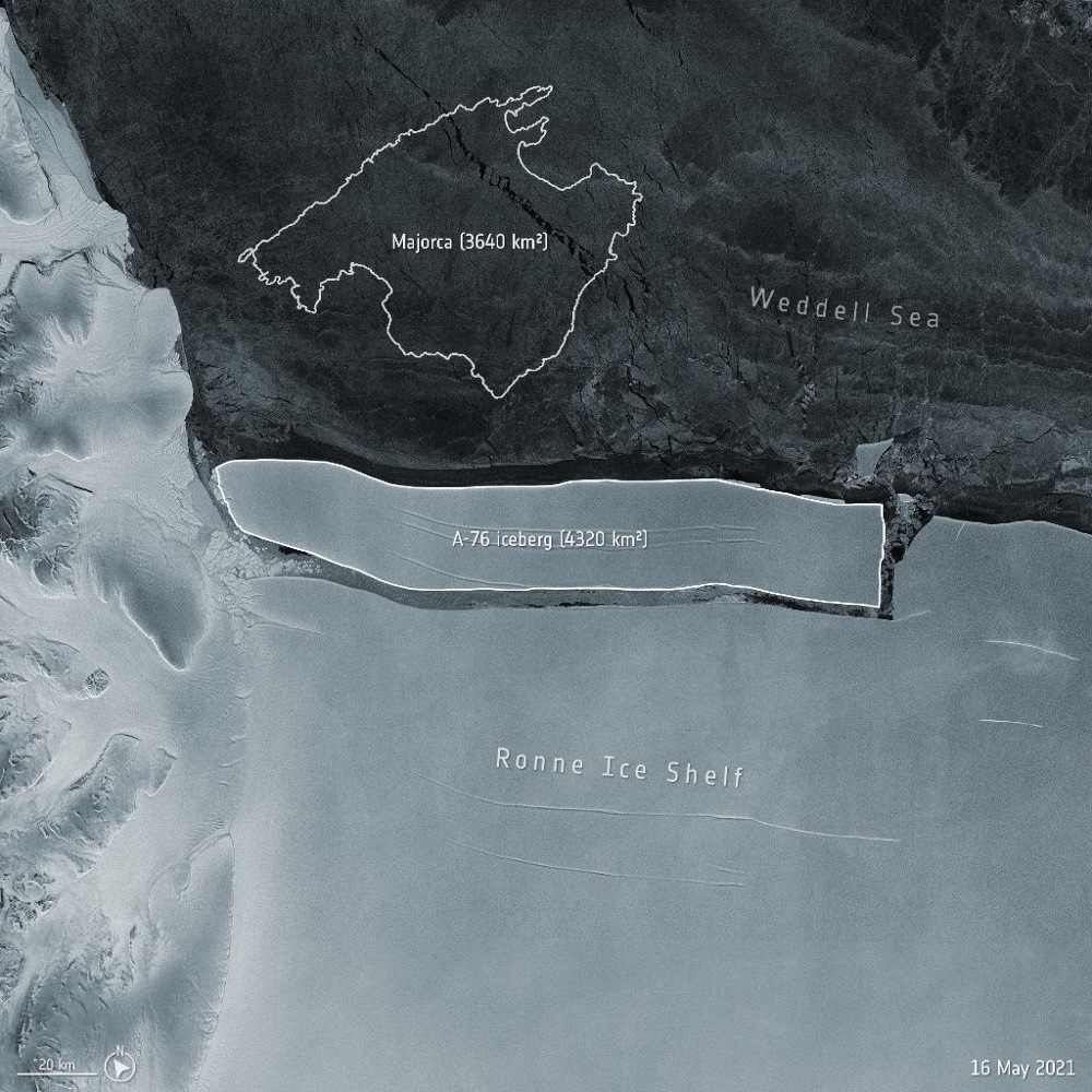 This image released by ESA shows a view captured by the Copernicus Sentinel-1 mission of the A-76 iceberg off the Ronne Ice Shelf, in the Weddell Sea, Antarctica taken on March 9, 2021, combined with a graphic of Majorca for scale. u00e2u20acu201d ESA handout via AFP