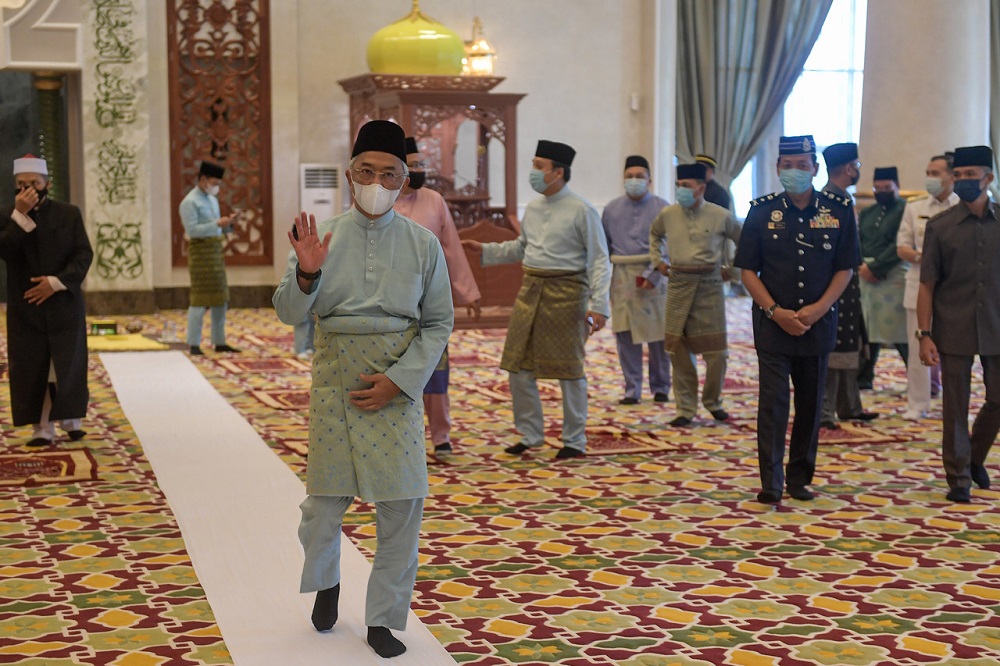 Yang di-Pertuan Agong Al-Sultan Abdullah Ri'ayatuddin Al-Mustafa Billah Shah leaving the Surau Utama of Istana Negara after performing Aidilfitri prayers, May 13, 2021. u00e2u20acu2022 Bernama pic