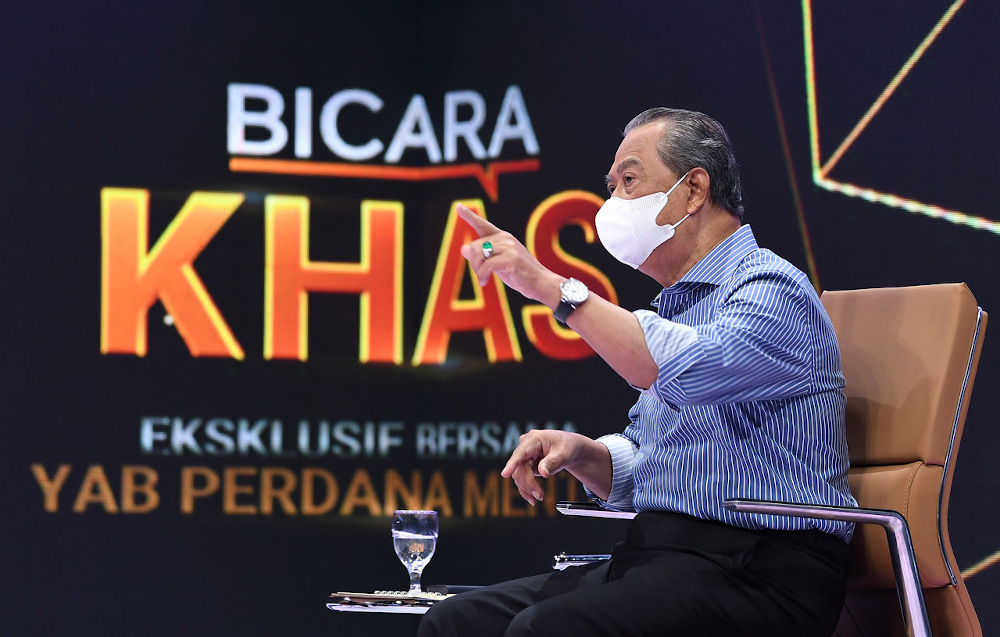Prime Minister Tan Sri Muhyiddin Yassin speaks during the u00e2u20acu02dcBicara Khasu00e2u20acu2122 programme broadcast at the Angkasapuri building in Kuala Lumpur May 23, 2021. u00e2u20acu201d Bernama pic