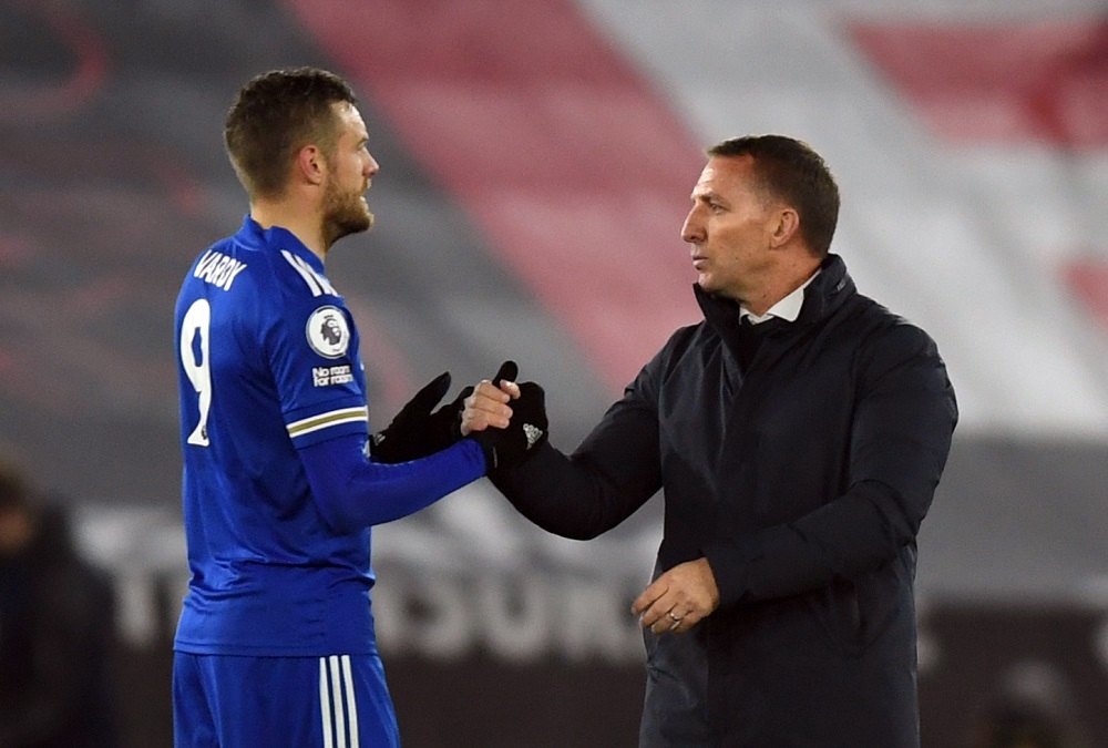 Leicester City manager Brendan Rodgers shakes hands with Jamie Vardy after the match against Southampton May 1, 2021. u00e2u20acu2022 Pool via Reuters