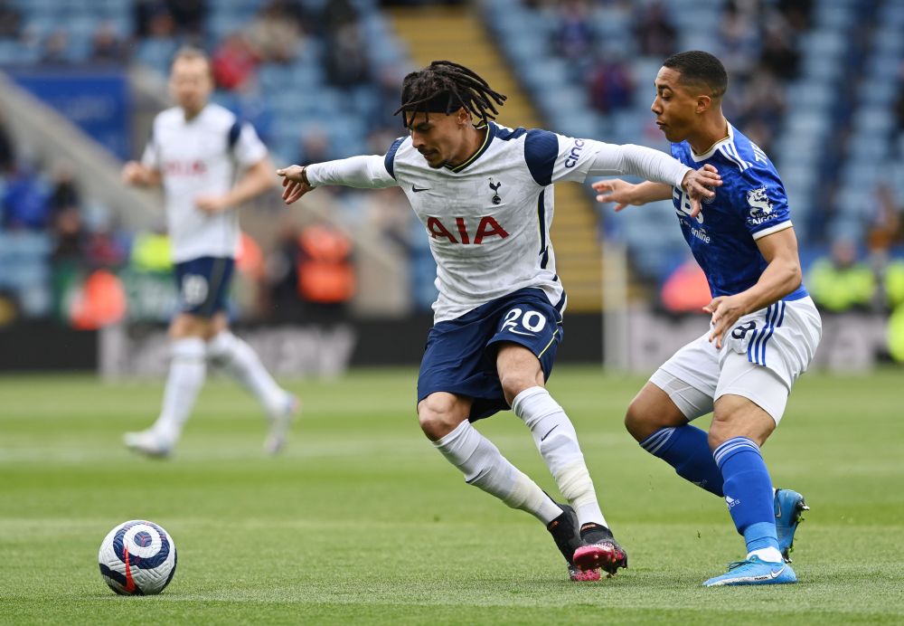 Tottenham Hotspur's Dele Alli in action with Leicester City's Youri Tielemans at the King Power Stadium, Leicester May 23, 2021. u00e2u20acu201d Reuters picnn