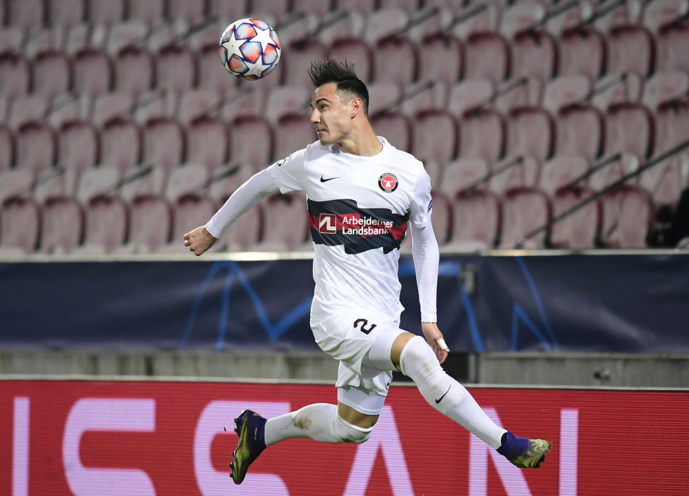 FC Midtjyllandu00e2u20acu2122s Dion Cools in action during the Champions League Group D match FC Midtjylland v Liverpool at MCH Arena, Herning, Denmark, December 9, 2020. u00e2u20acu201d Ritzau Scanpix via Reuters 