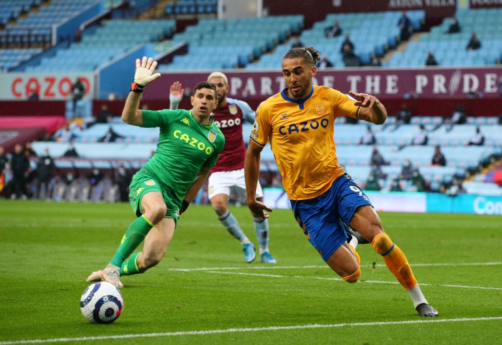 Everton's Dominic Calvert-Lewin in action with Aston Villa's Emiliano Martinez at Villa Park, Birmingham May 13, 2021. u00e2u20acu201d Reuters pic