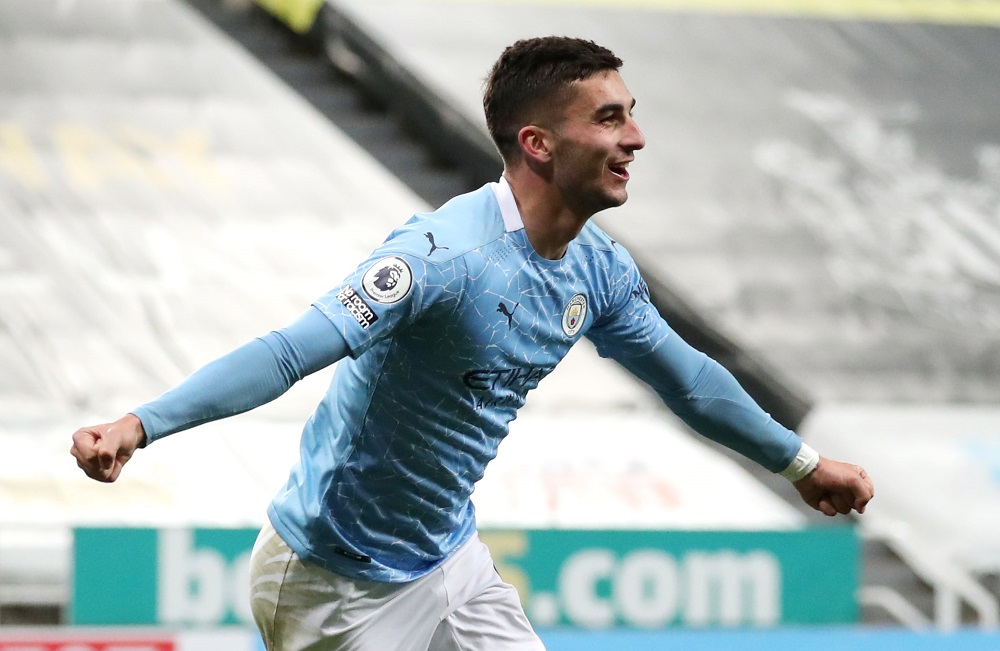 Manchester City's Ferran Torres celebrates after scoring the fourth goal against Newcastle United May 15, 2021. u00e2u20acu2022 Pool via Reuters 