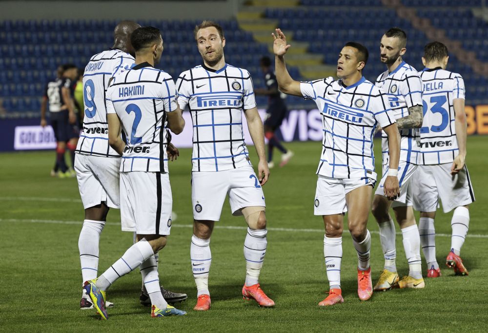 Inter Milan's Achraf Hakimi celebrates scoring their second goal against Crotone with Christian Eriksen and Alexis Sanchez  at Stadio Ezio Scida, Crotone May 1, 2021. u00e2u20acu201d Reuters pic