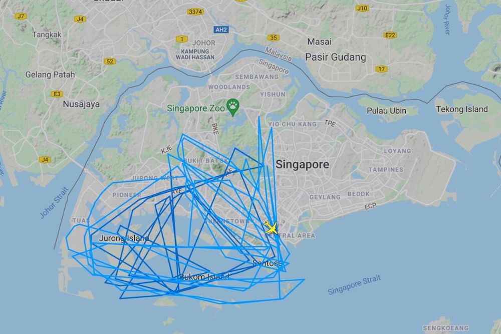 Data from flight-tracking website FlightRadar24 showed the modified Boeing plane making many passes over the south-western side of Singapore on May 24 and 25, 2021. u00e2u20acu201d FlightRadar24 pic via TODAY