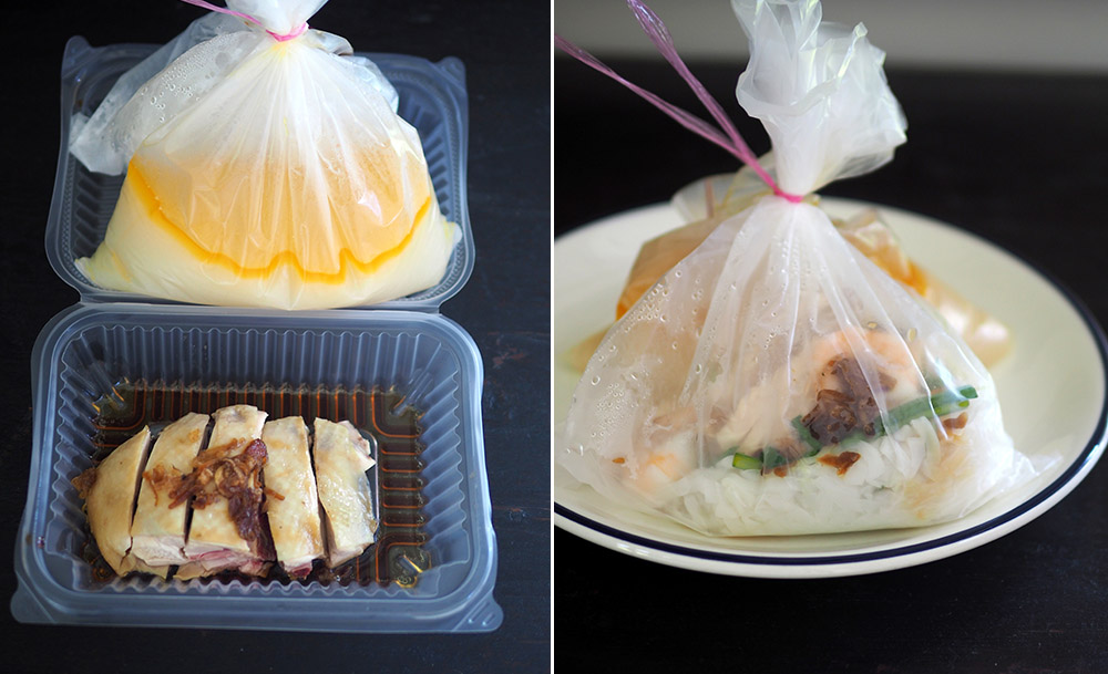 Takeaway the 'hor fun' with poached chicken in a separate container to enjoy at home (left). Just assemble your own bowl of 'kai si hor fun' at home by heating up the broth for the noodles, chicken and prawns (right).