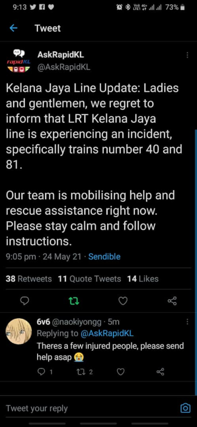 AskRapidKL’s tweet of the incident.