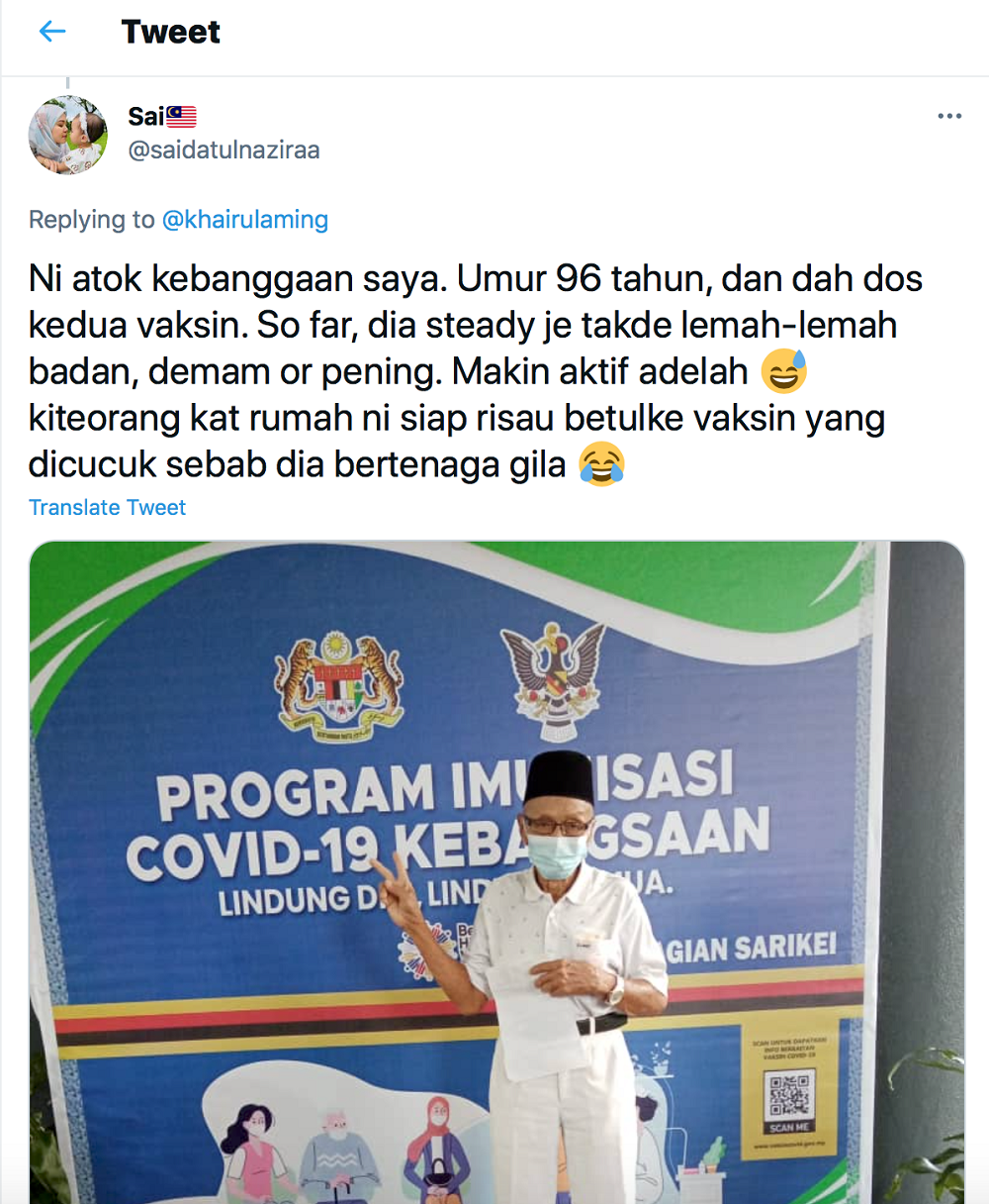 One Twitter user shared how her 96-year-old grandfather has been as active as ever since getting his vaccine. — Screengrab via Twitter/saidatulnaziraa