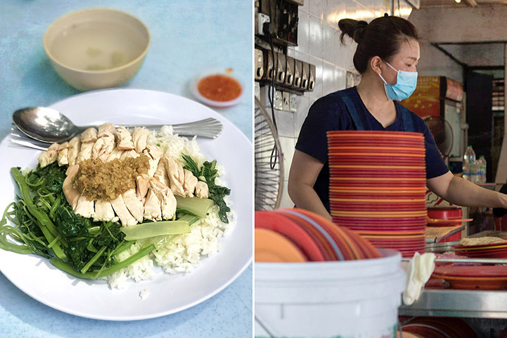 My regular order of chicken rice comes with greens (left). Masking up at the 'kopitiam' (right).