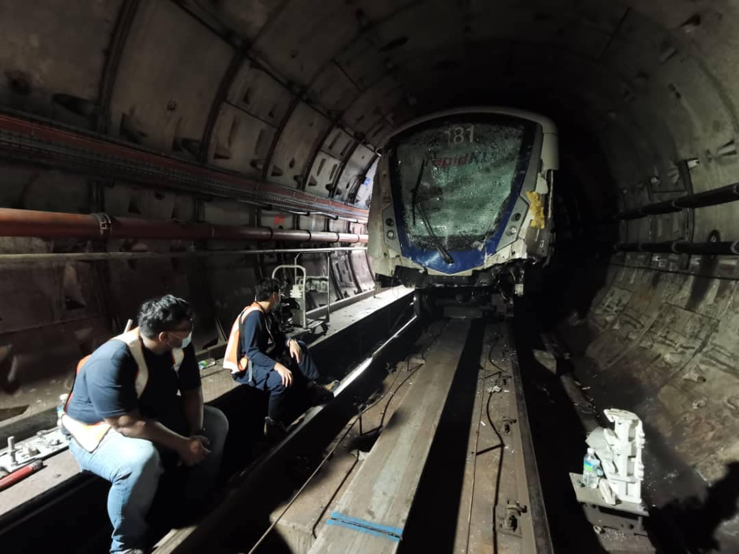 RapidRail personnel work on removing a damaged LRT train from the crash site in Kuala Lumpur May 27, 2021. u00e2u20acu201d Picture via Facebook