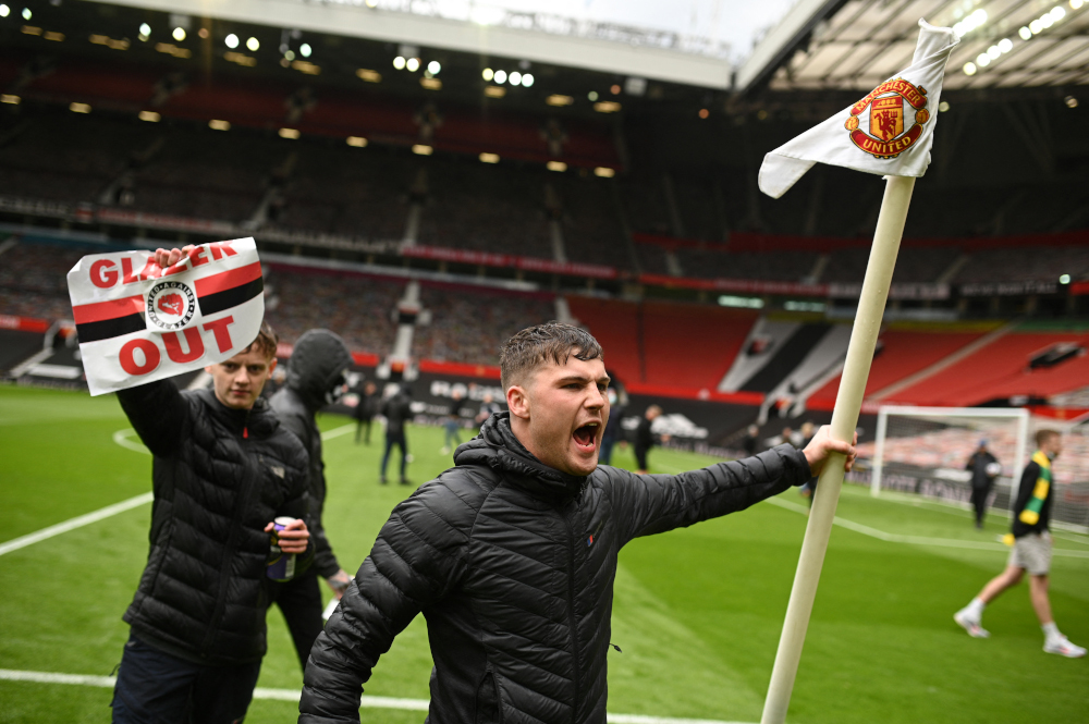 Supporters protest against Manchester Unitedu00e2u20acu2122s owners, inside the Old Trafford stadium in Manchester, north-west England May 2, 2021, ahead of their English Premier League fixture against Liverpool. u00e2u20acu201d AFP pic 