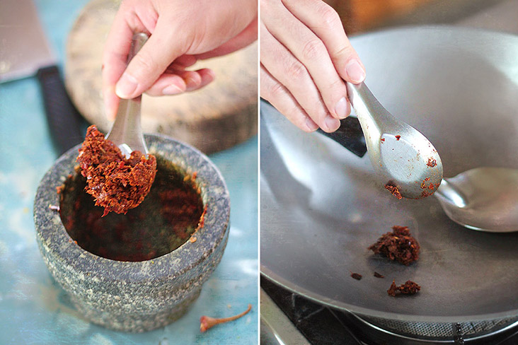 After pounding in a mortar, sauté the massaman curry paste briefly until aromatic.