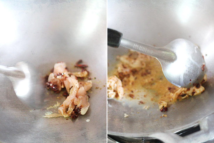 Stir fry the chicken and coconut cream with the curry paste so that everything emulsifies.