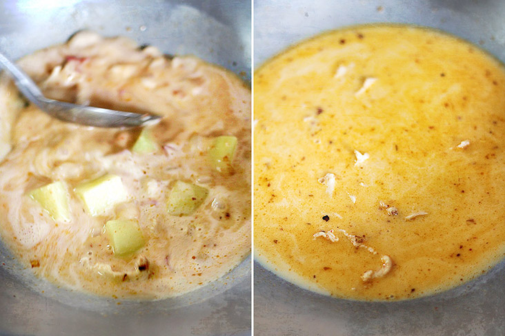 Next add the roasted peanuts, parboiled potatoes, onion and coconut milk.