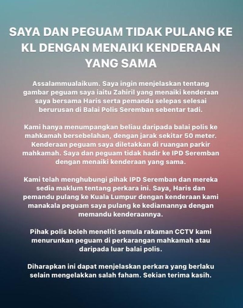 Neelofa said that the four-person car trip from the police headquarters was only to drop her lawyer off at the nearby courthouse. — Picture via Twitter/Neelofa
