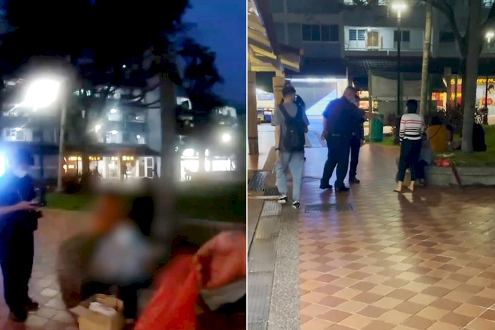 Images taken from a police body camera. On the left, police can be seen handing food to a woman while on the right, they talk to the woman and her domestic worker. u00e2u20acu201d Singapore Police Force pic via TODAY