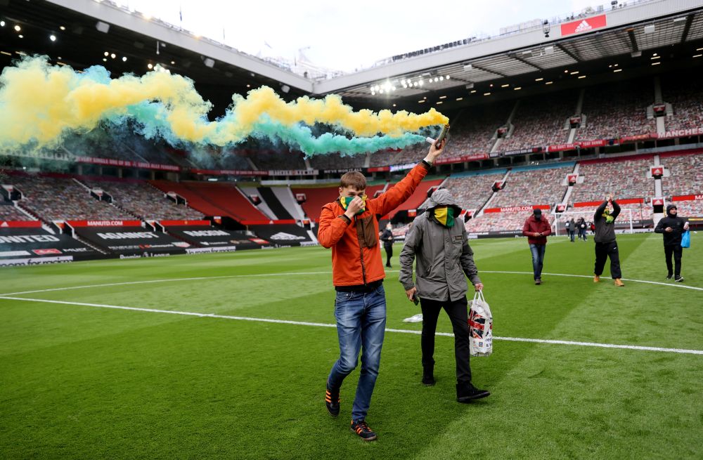 Manchester United fans protest against their owners before the game against Liverpool at Old Trafford, Manchester, May 2, 2021. u00e2u20acu201d Reuters  picnn