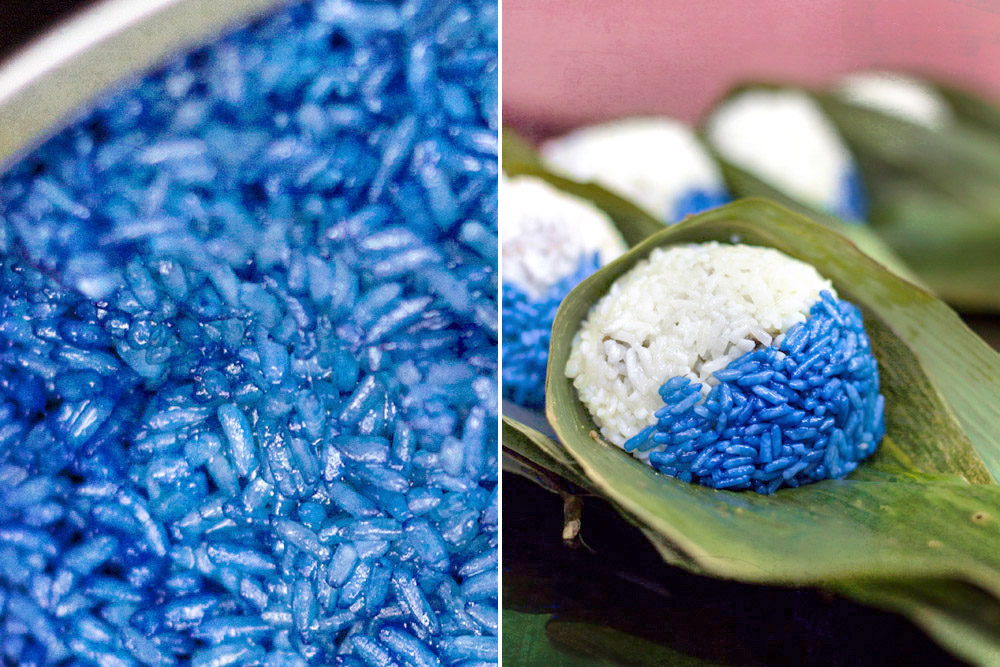 Glutinous rice coloured with butterfly pea extract.