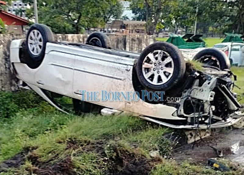 The car driven by the victim involved in the accident. u00e2u20acu201d Borneo Post pic