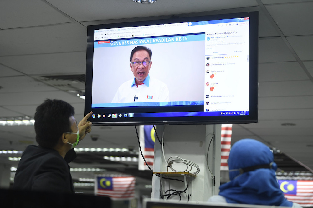 PKR president Datuk Seri Anwar Ibrahim gives his opening speech during PKRu00e2u20acu2122s 15th National Congress held virtually, June 20, 2021. u00e2u20acu201d Bernama pic