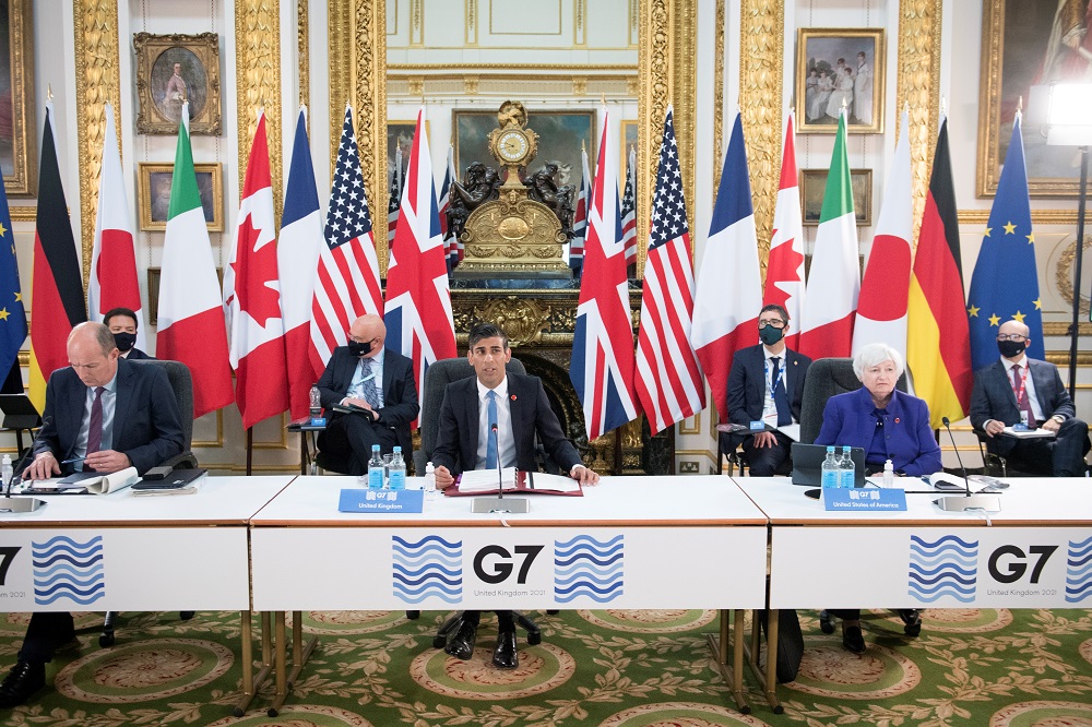 Britain's Chancellor of the Exchequer Rishi Sunak speaks at a meeting of finance ministers from across the G7 nations ahead of the G7 leaders' summit, at Lancaster House in London June 4, 2021. u00e2u20acu201d Reuters pic