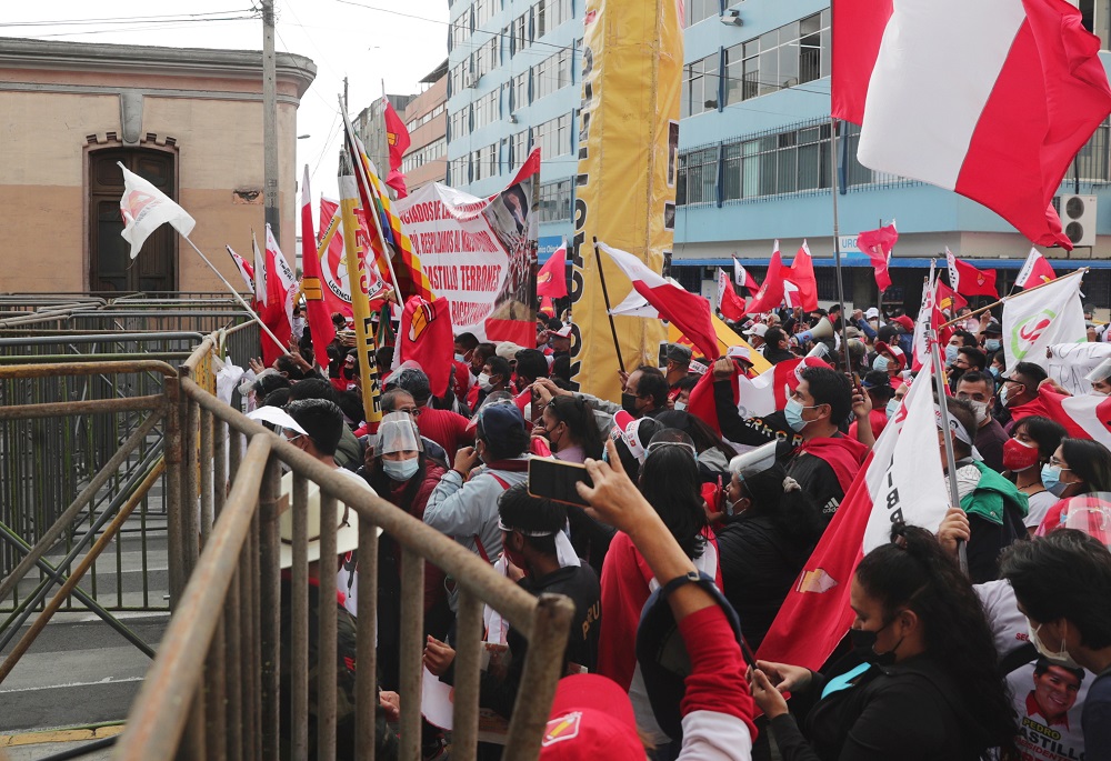 Supporters of Peru's presidential candidate Pedro Castillo gather near the National Office of Electoral Processes the day after a run-off presidential election, in Lima June 7, 2021. — Reuters pic