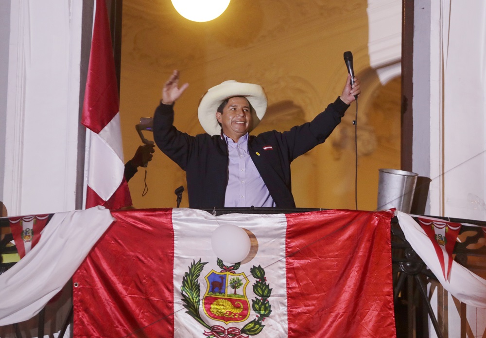 Peru's presidential candidate Pedro Castillo gestures to supporters the day after a run-off election, in Lima June 7, 2021. u00e2u20acu201d Reuters pic