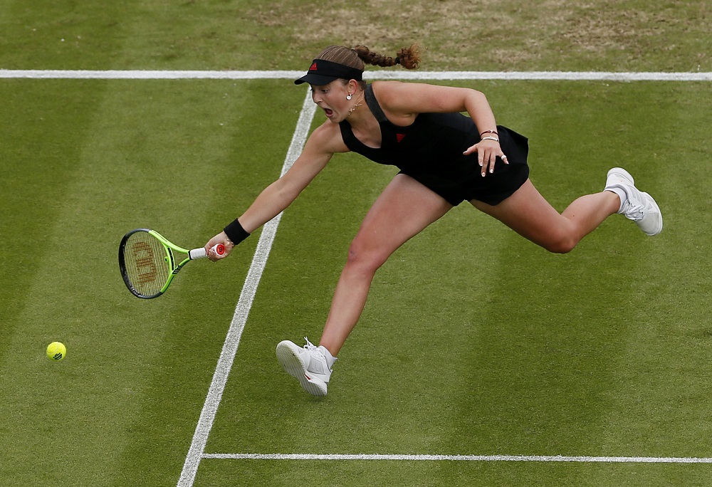 Latviau00e2u20acu2122s Jelena Ostapenko in action during her semi final match against Kazakhstanu00e2u20acu2122s Elena Rybakina at the Devonshire Park Lawn Tennis Club in Eastbourne, Britain June 25, 2021. u00e2u20acu201d Action Images via Reuters 