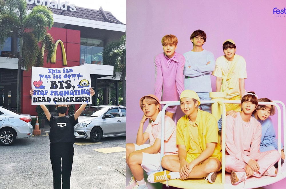 A woman in Malaysia claiming to be a BTS supporter held a protest over the bandu00e2u20acu2122s collaboration with McDonaldu00e2u20acu2122s recently. u00e2u20acu201d Pictures via Instagram/petaasia and Facebook/bangtan.official